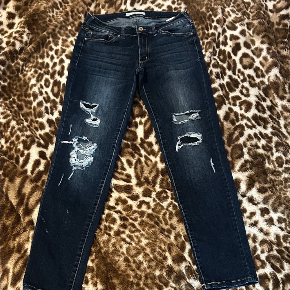 Women's Dark Blue Distressed Skinny Jeans - Picture 3 of 4